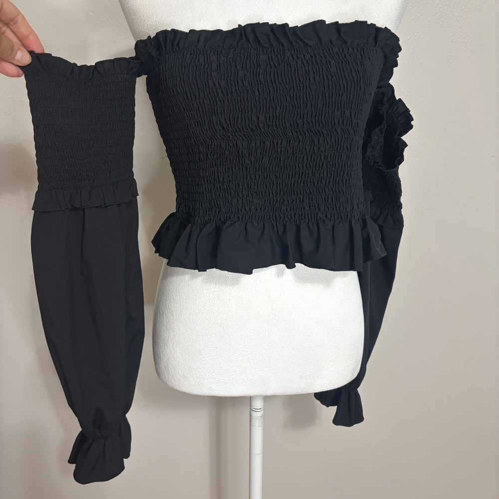 Boohoo Off The Shoulder Smocked Crop Top Black Ruffle Festival Boho Cottage 10